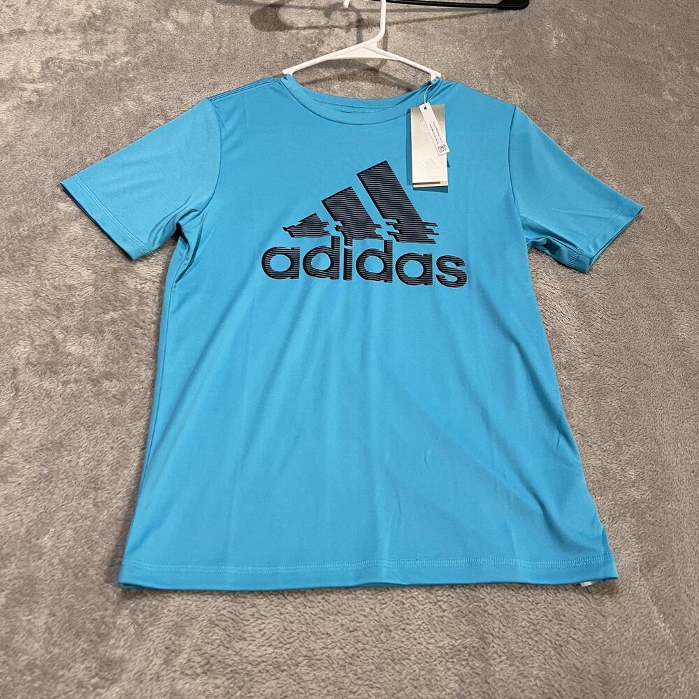 Adidas Shirt Youth Medium Blue Climalite Athletic Tee Logo Activewear Recycled